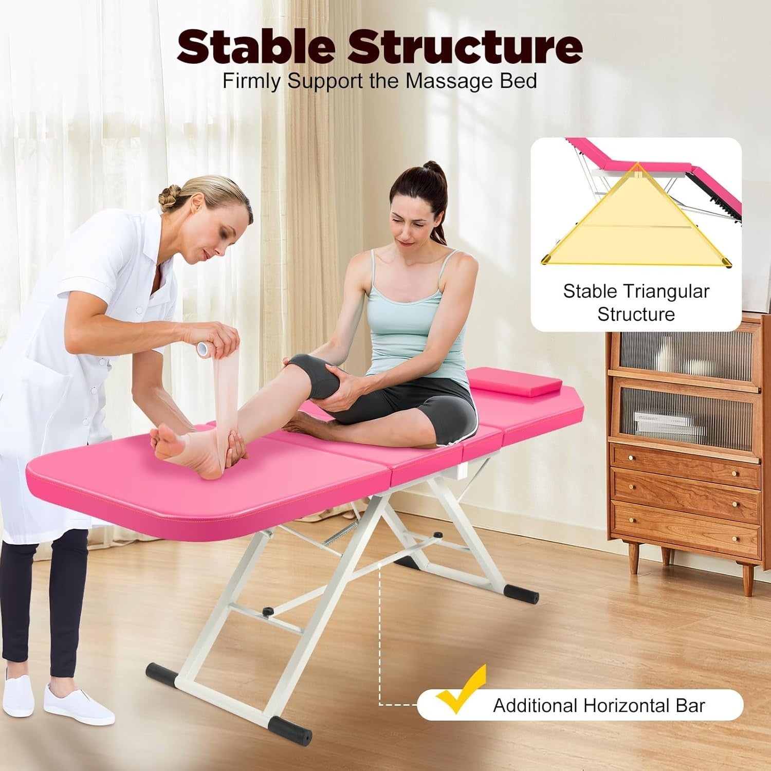 Foldable 3-Section Portable Massage Table Beauty Spa Bed Pink 60cm Width