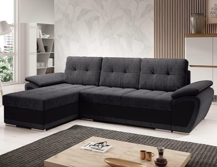 Space-Saving Grey Black L-Shape Sofa Bed with Storage & Sleep Function