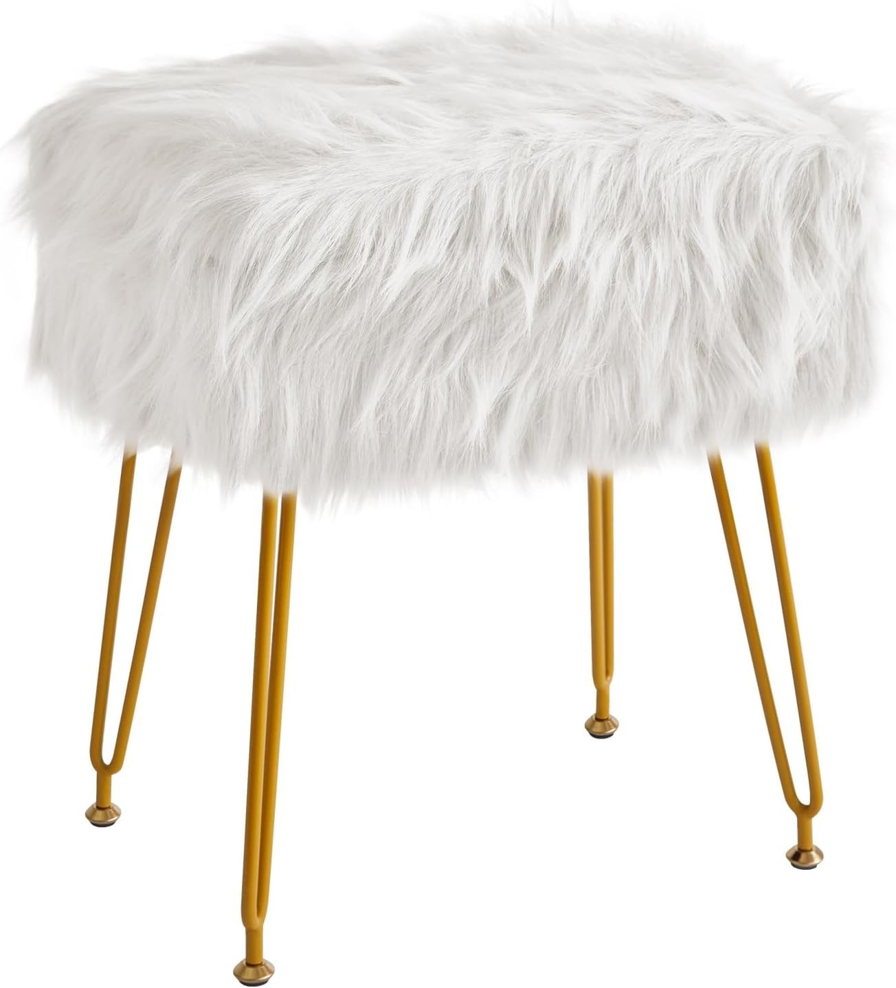 White Rectangular Faux Fur Vanity Stool with Storage & Gold Metal Legs