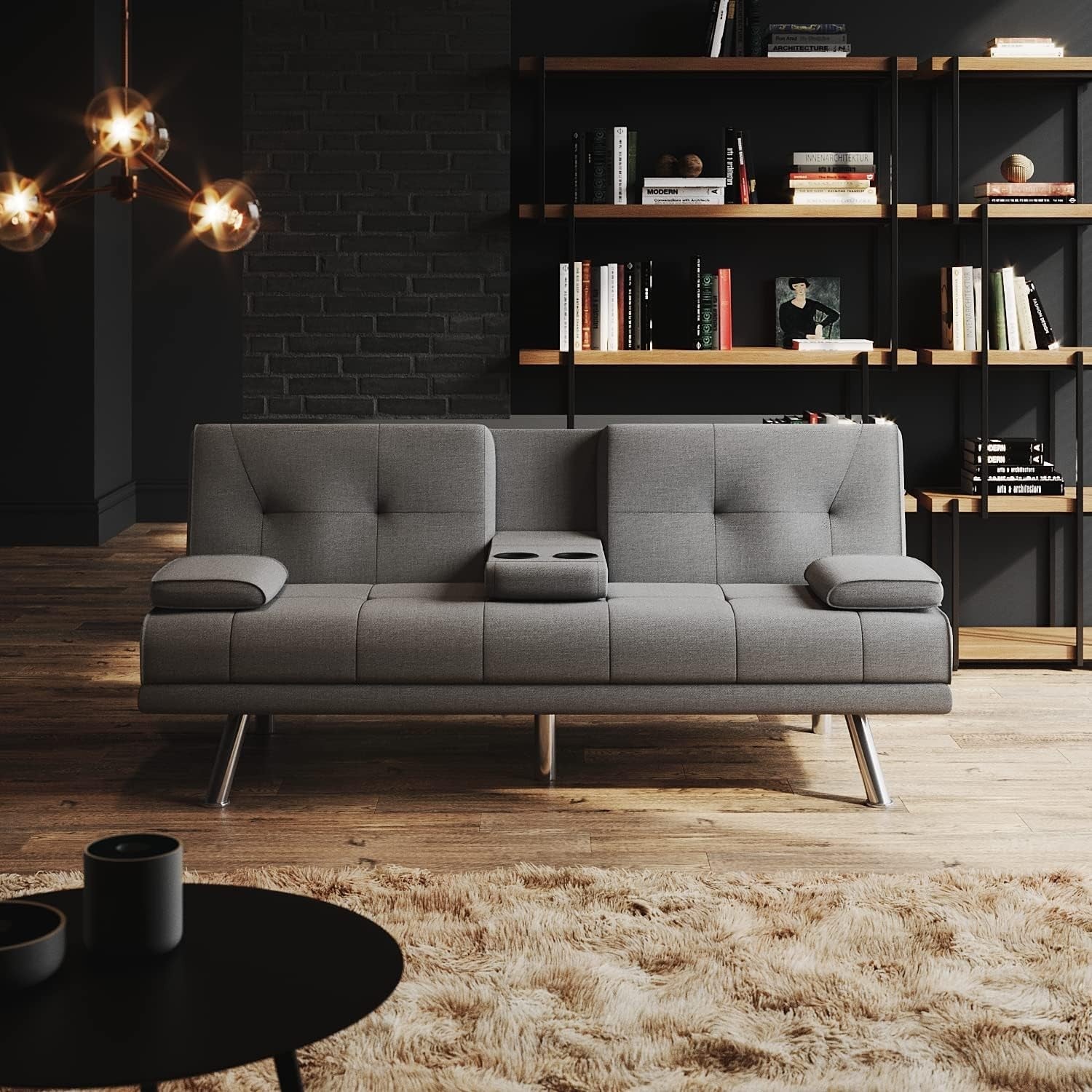 Modern Grey Fabric Recliner Sofa Bed 2-Seater Cup Holder Sleeper Couch