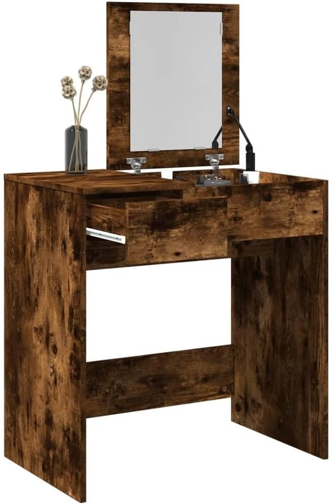 Modern Makeup Vanity Dressing Table Desk Mirror Storage Drawer Wood Smoked Oak