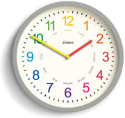 Kids Wall Clock 25cm Silent Quartz Grey Modern Colourful Number Nursery Clock