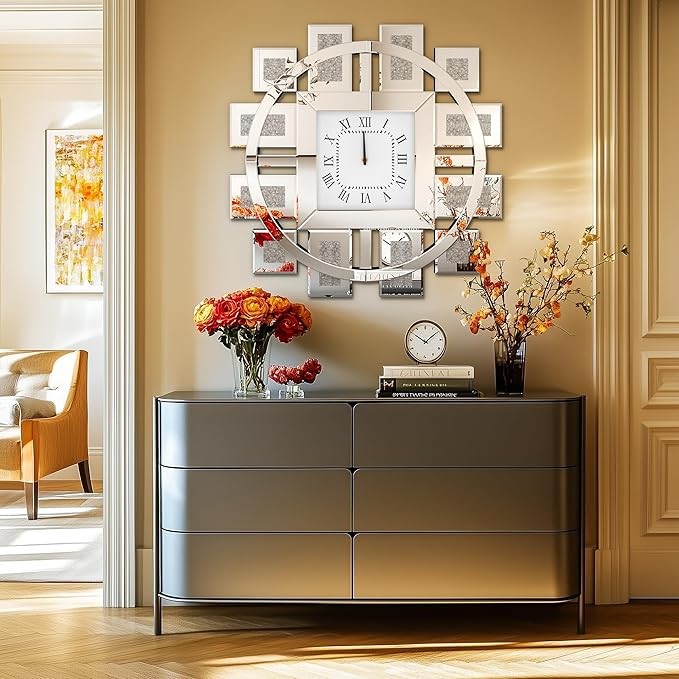 80cm Crushed Diamond Mirrored Wall Clock Luxury Large Silent Roman Decor