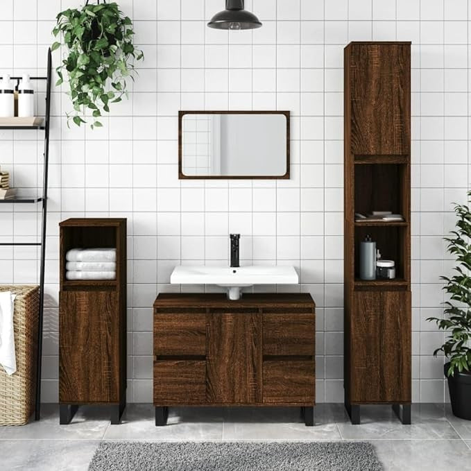 Wide Brown Oak Bathroom Sink Cabinet 80x33x60cm Under Basin Storage with Drawers