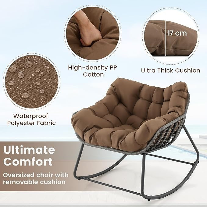 Oversized Rattan Rocking Chair w/ Cushion Indoor Outdoor Patio Garden Seat