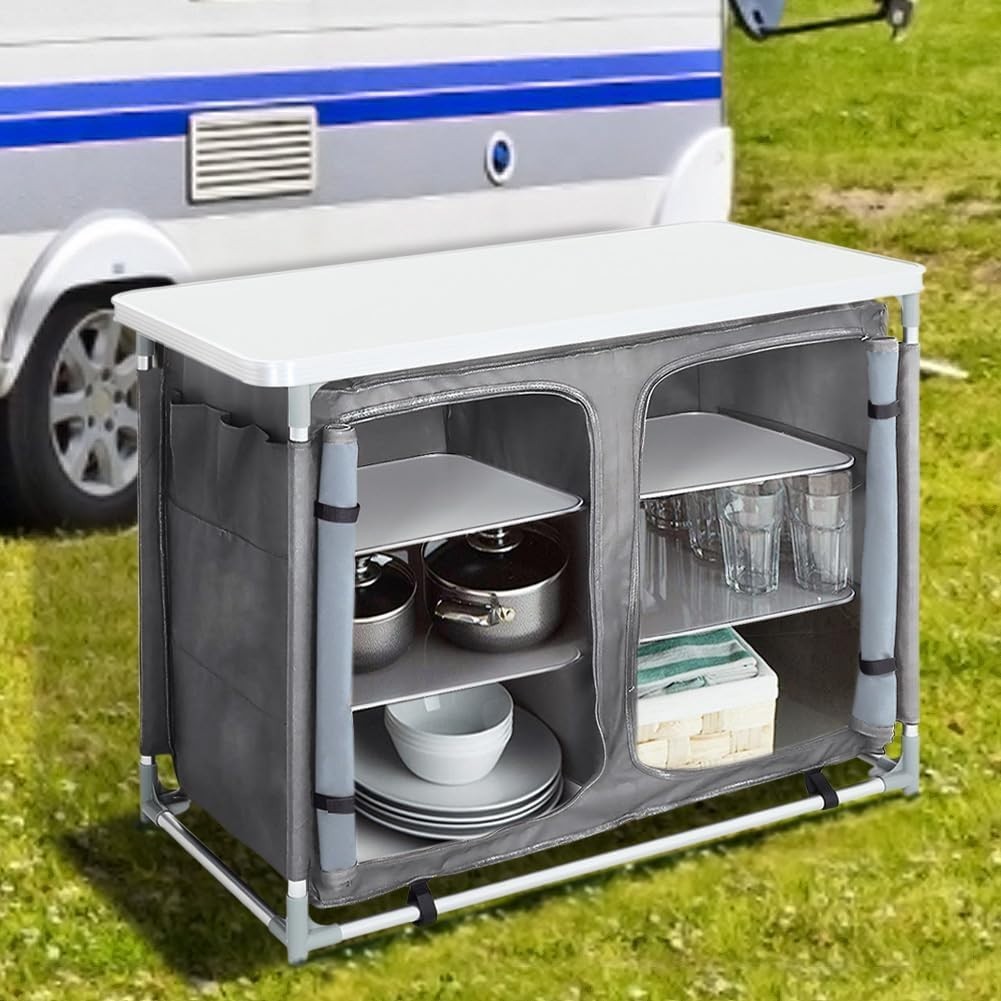 Portable Outdoor Camping Kitchen with 6 Shelves & Storage Bag, Foldable Table