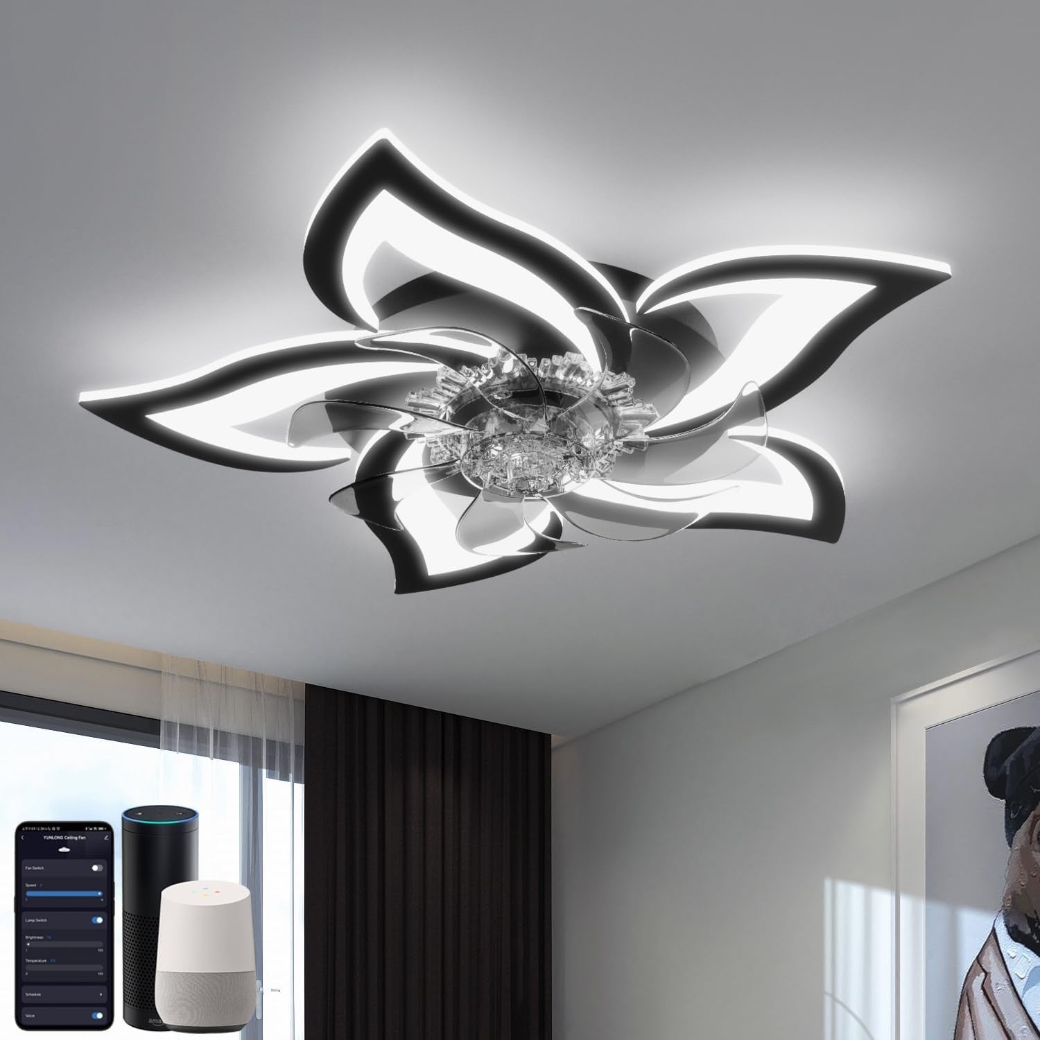 Smart Ceiling Fan with Lights, 6 Speeds, Dimmable LED, Black
