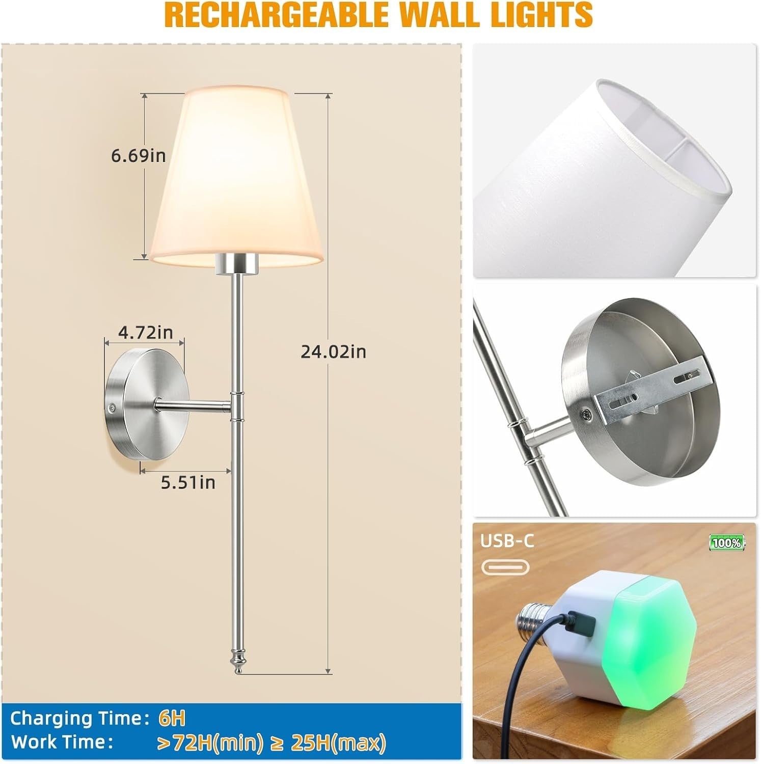 Wireless Wall Lights Rechargeable 5200mAh Dimmable Sconces 24” Remote LED