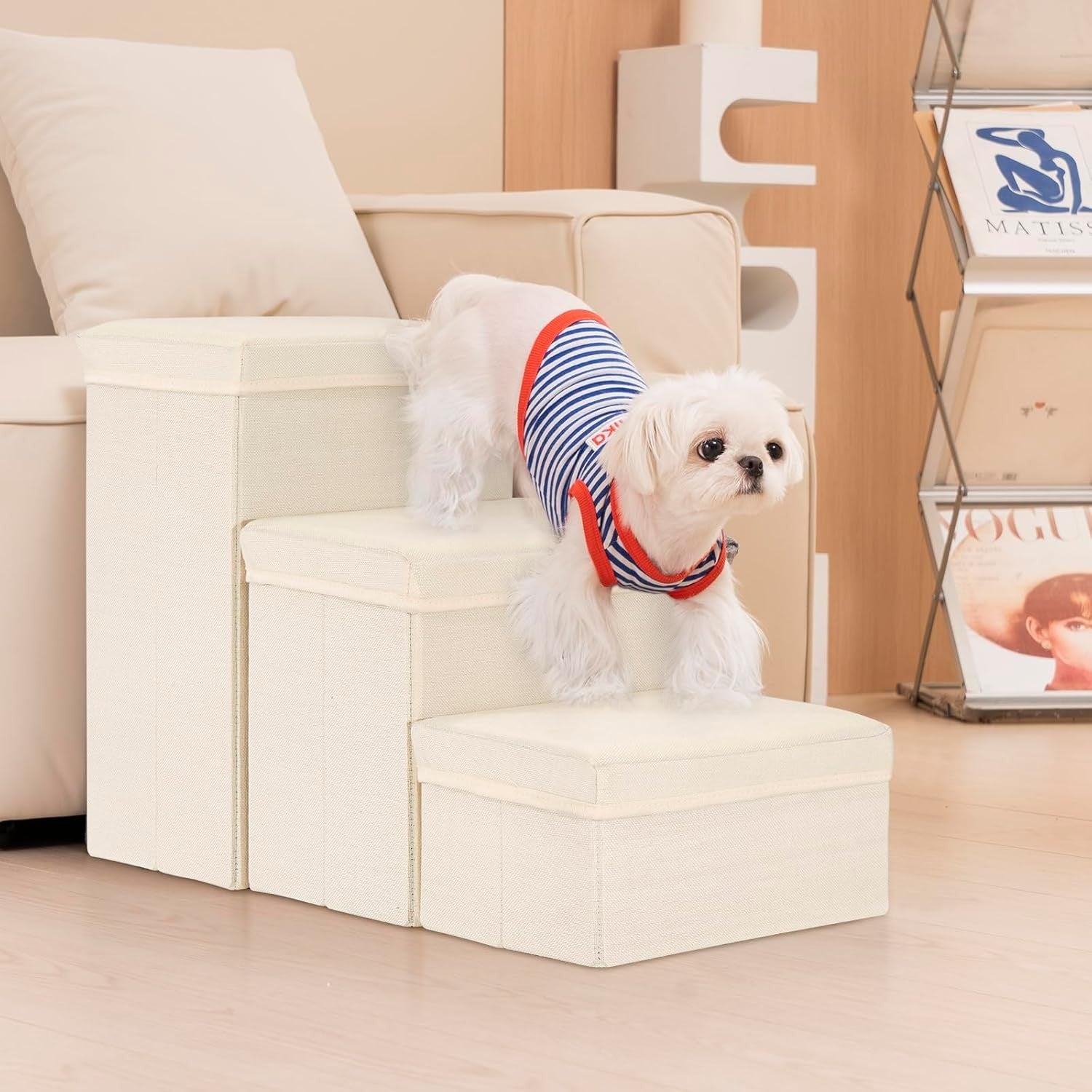 Dog Stairs with Storage 3 Step Pet Steps for Bed Sofa Beige