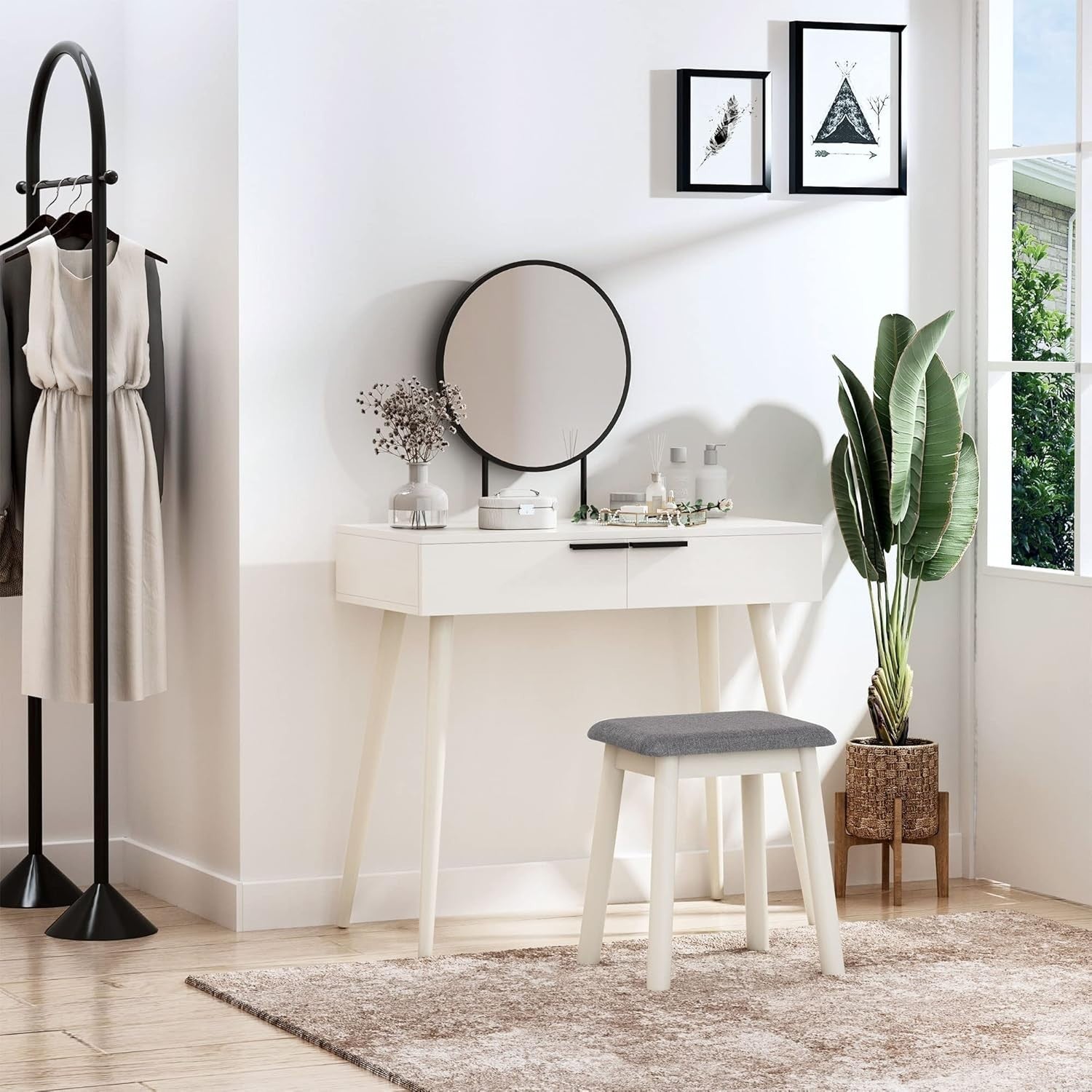 White Dressing Table Stool Set Mirror Drawers Makeup Vanity Desk Bedroom
