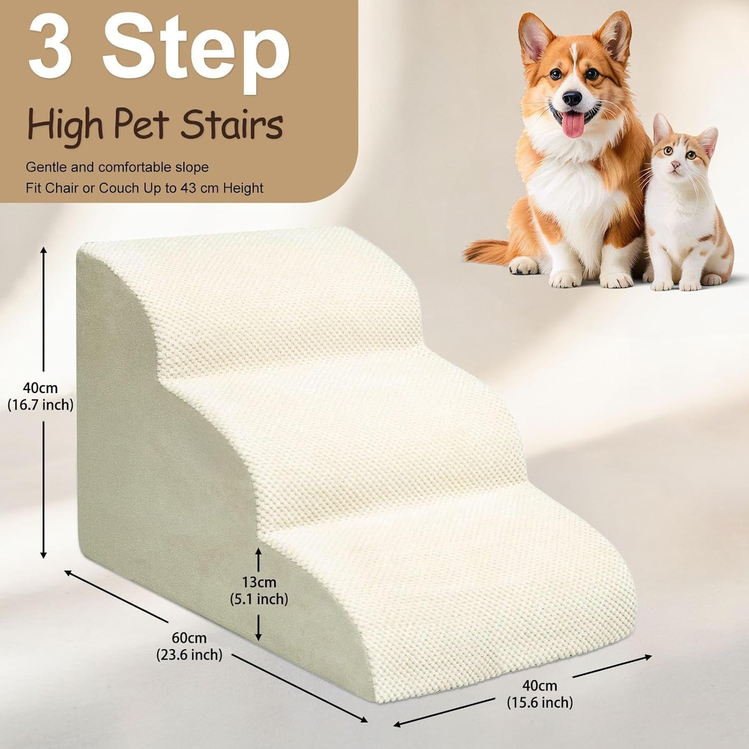 3 Step Dog Stairs Foam Pet Ramp for Sofa Bed Non Slip Beige