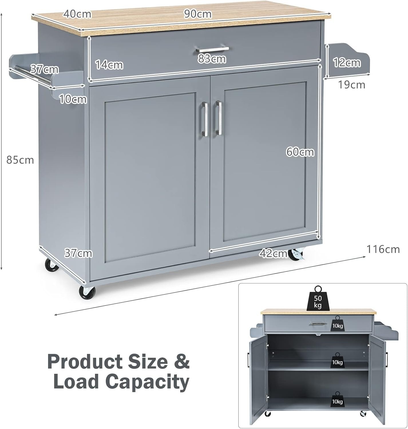 Large Kitchen Island Trolley Drawer Cabinet 116cm Grey