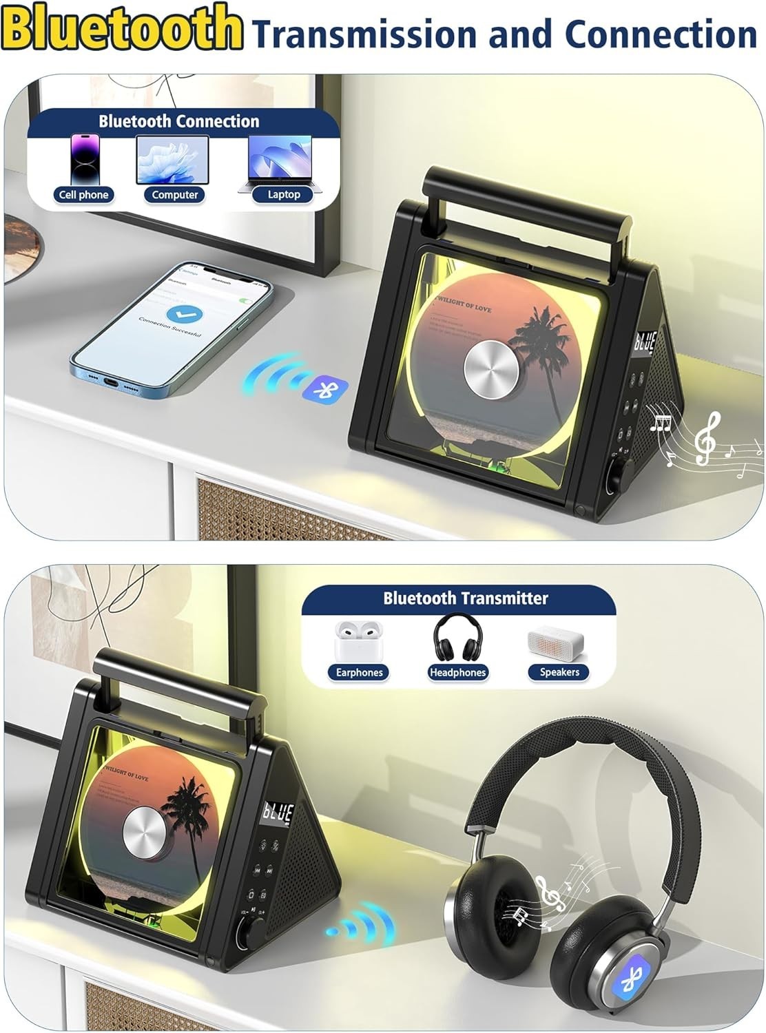 Portable Bluetooth CD Player 20W Stereo RGB Lights FM AUX USB
