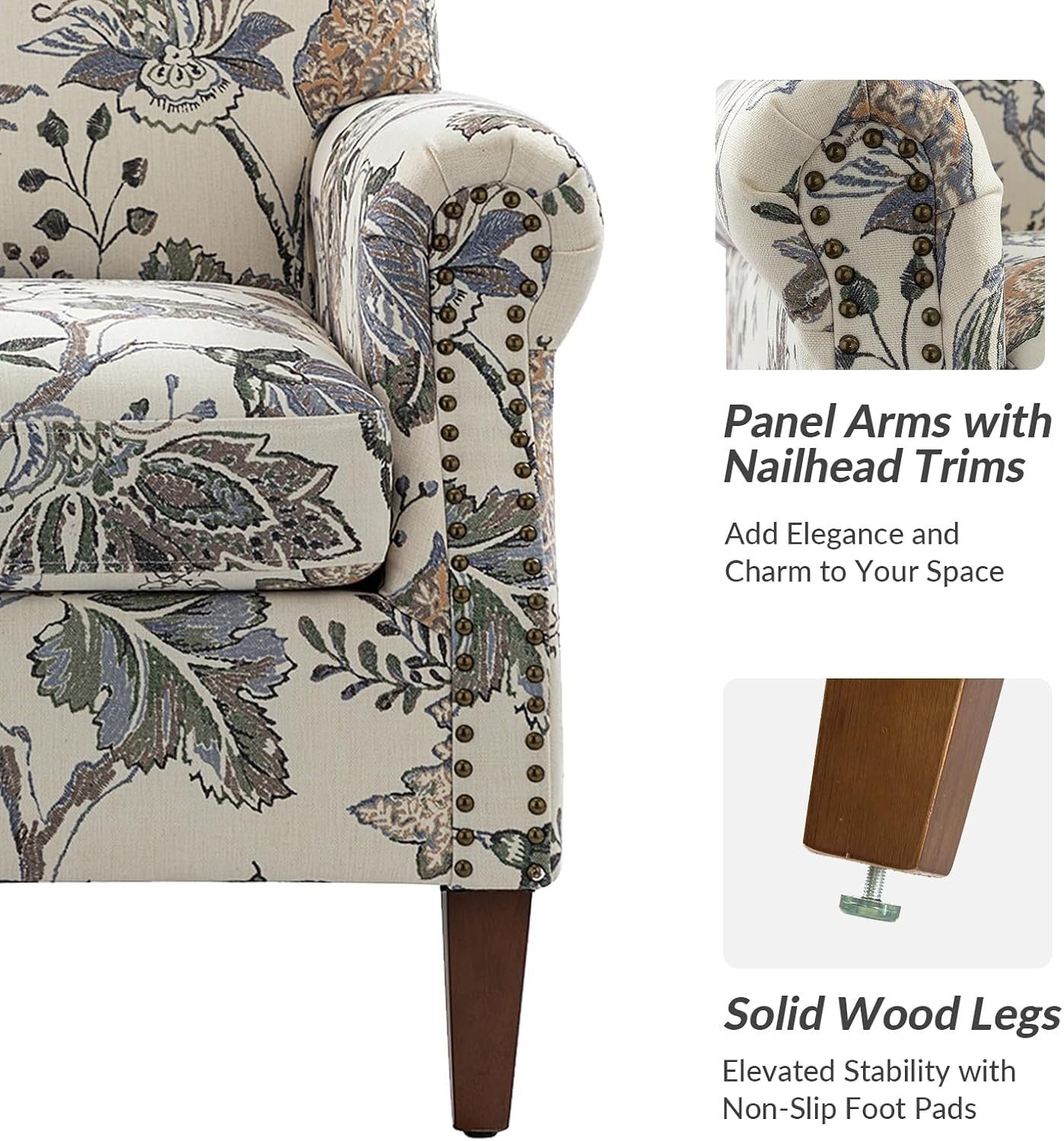 Floral Armchair Grey Accent Chair Sofa Seat for Lounge Bedroom Office
