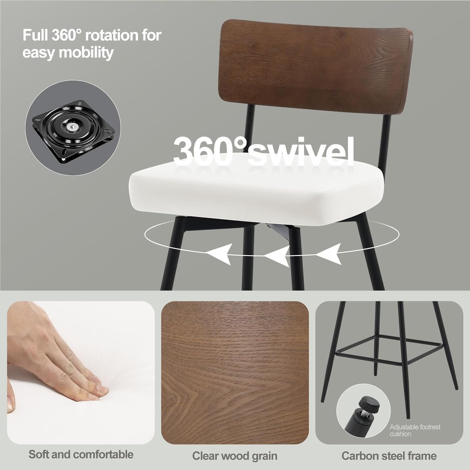 White PU Leather Swivel Bar Stools Set of 2 Mid-Century Modern Counter Chairs