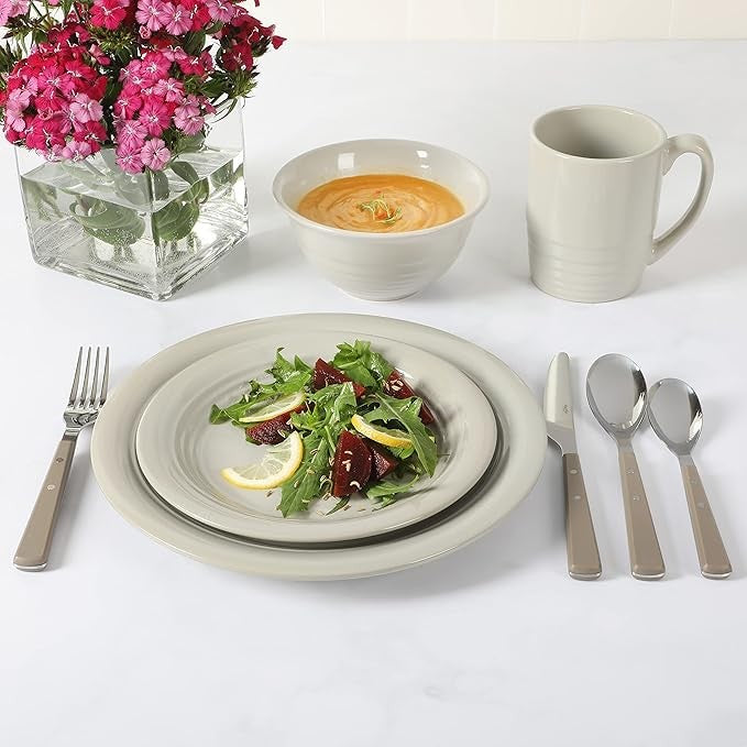 32pc Stoneware Dinnerware & Cutlery Set Service for 4 Grey Plates Bowls Mugs