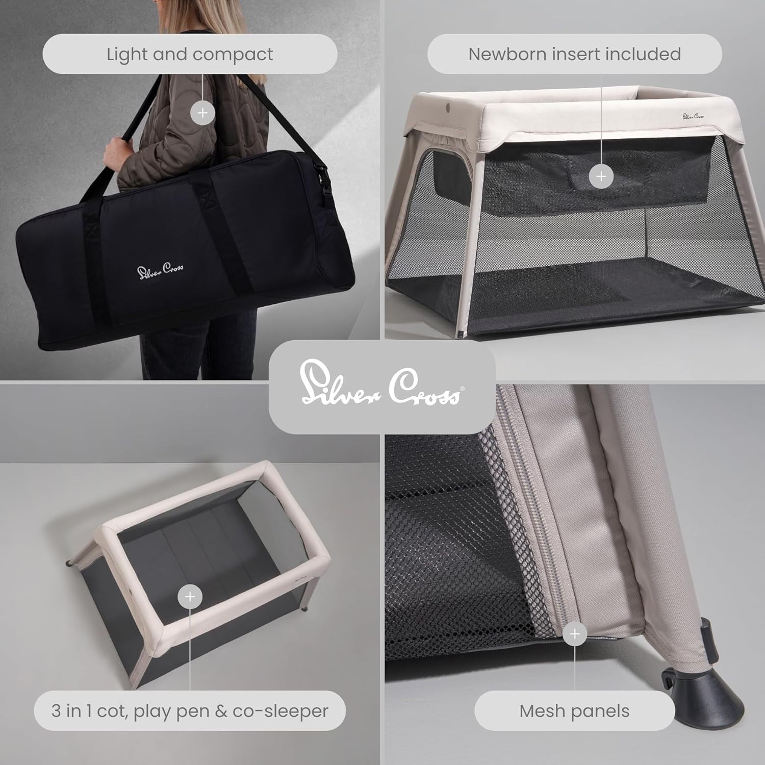 3 in 1 Baby Travel Cot Crib Bed Playpen Portable Lightweight Compact Stone