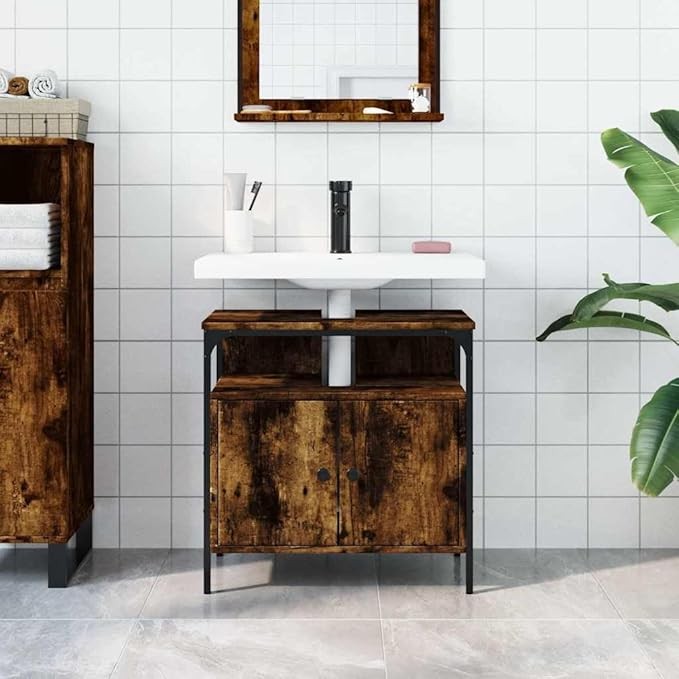 Smoked Oak Bathroom Sink Cabinet 60x30x60cm Rustic Under Sink Storage Unit
