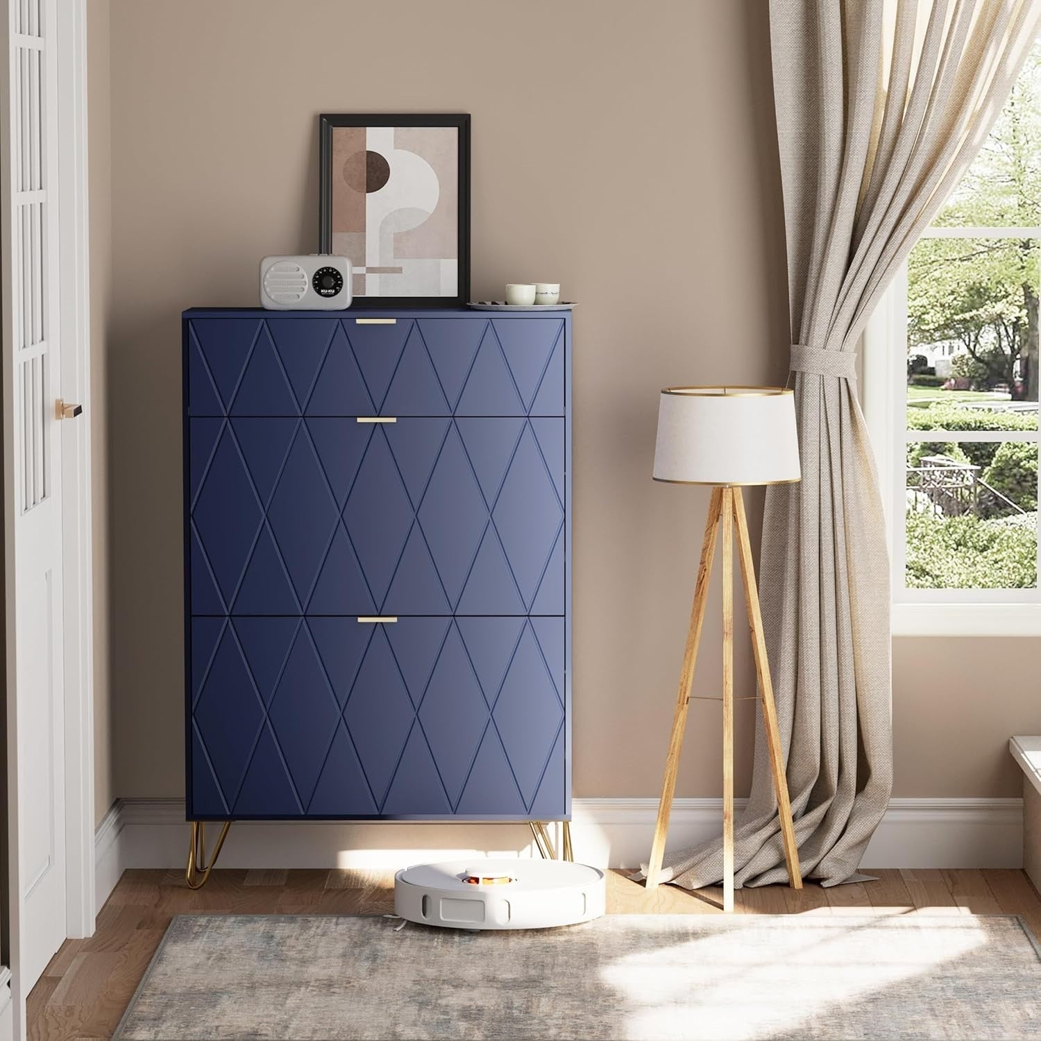 Navy Blue Tilting Shoe Cabinet 3 Compartments Hidden Shelf Storage 80x24x120cm