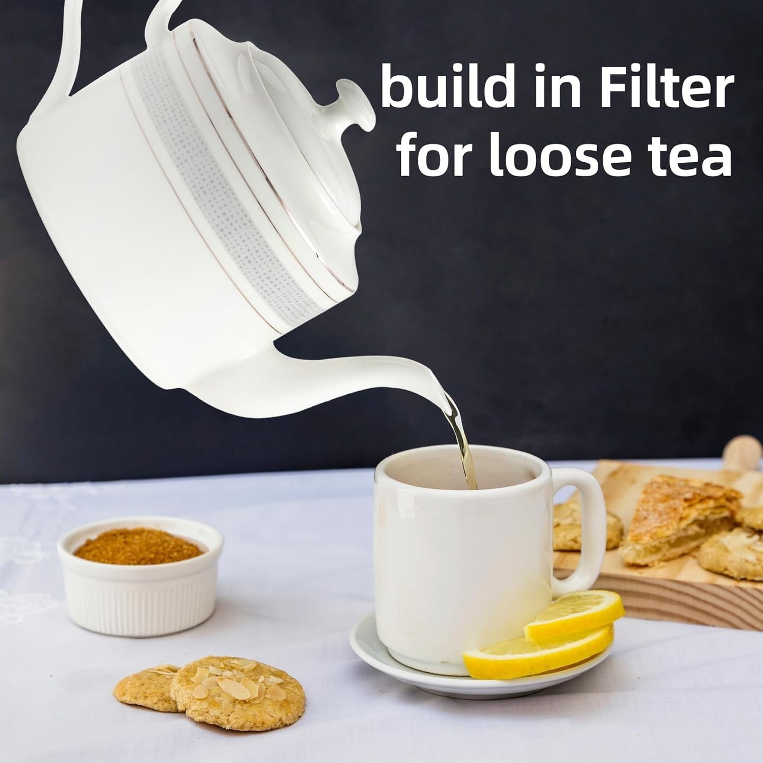 1.3L Fine China Teapot White Ceramic Tea Pot 4-6 Cups Silver Rim