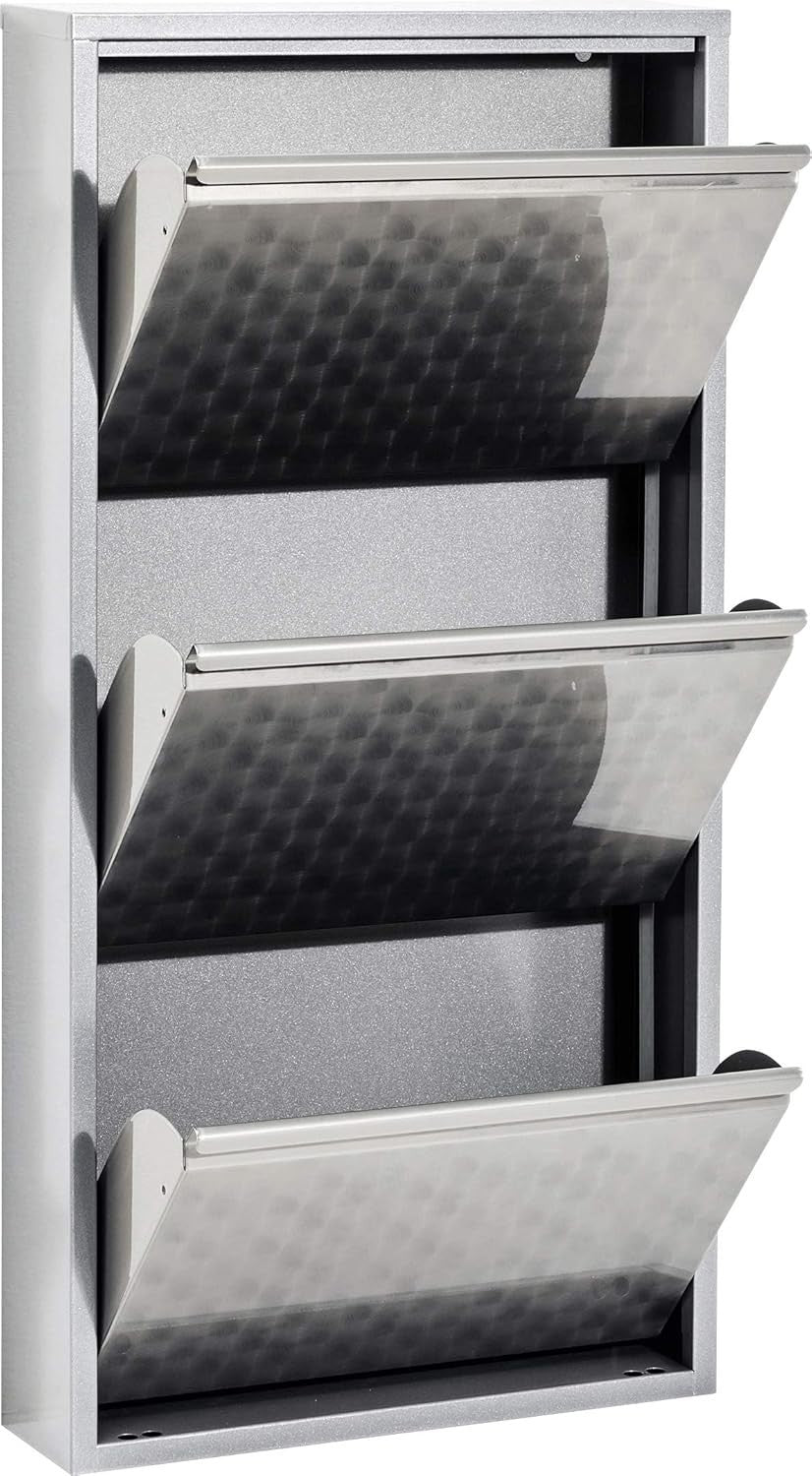 Slim Silver 3-Compartment Flip Shoe Cabinet, Space-Saving Storage for 6 Pairs