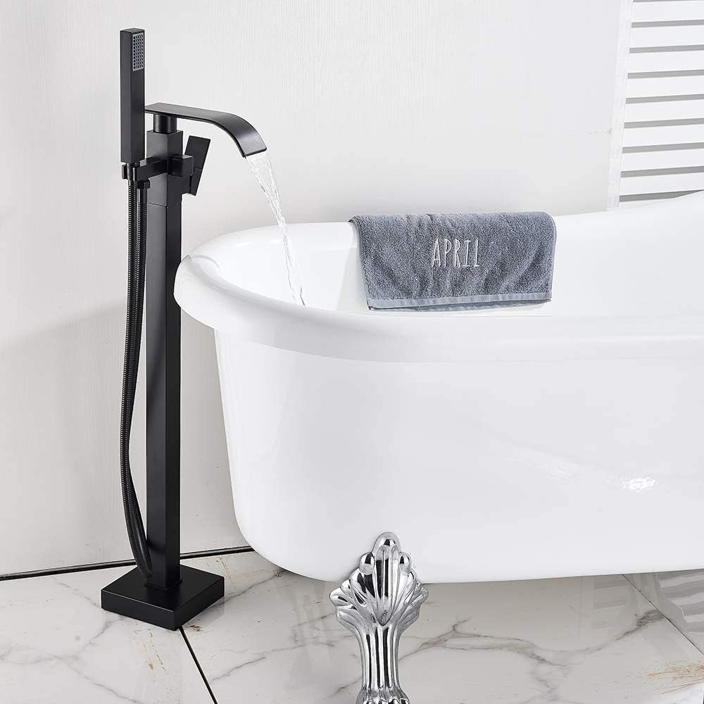 Black Freestanding Bath Mixer Tap with Handheld Shower Head Brass Floor Mount