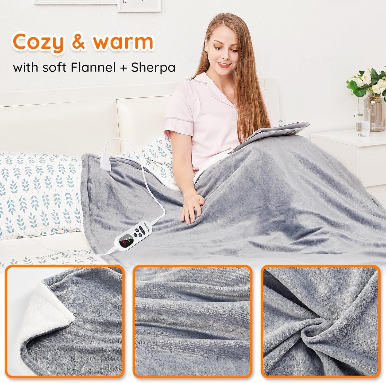 Electric Heated Throw Blanket Fast Heat 10 Levels Sherpa Flannel 120x160cm