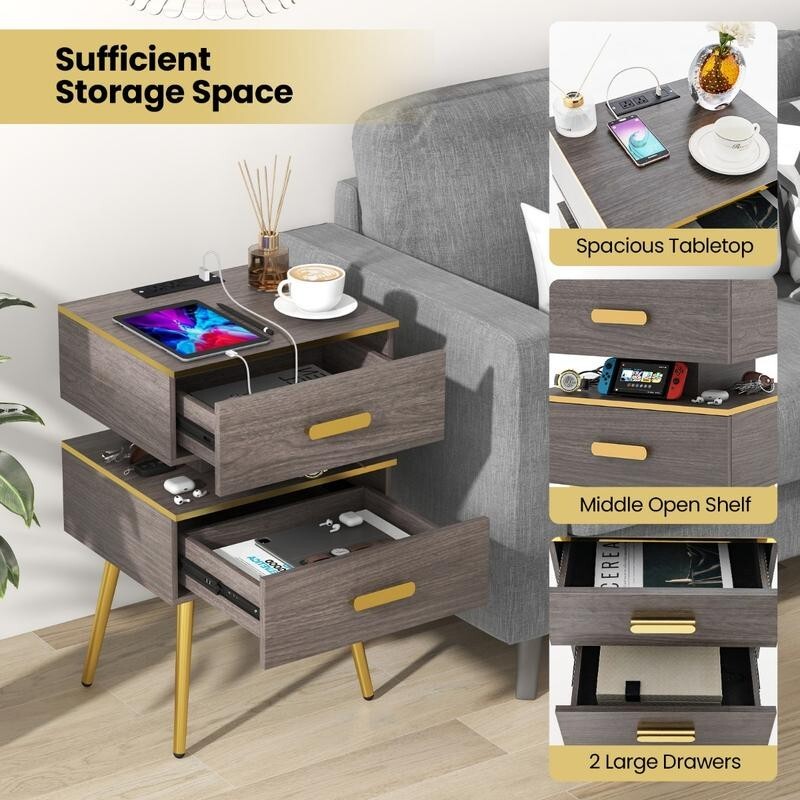 Smart LED Bedside Table w/ 2 Drawers, USB Ports, Shelf, Remote & Plug