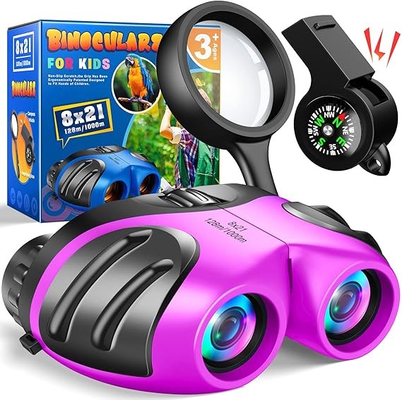 Kids 8x21 Waterproof Binoculars Purple with Compass Whistle Outdoor Explorer