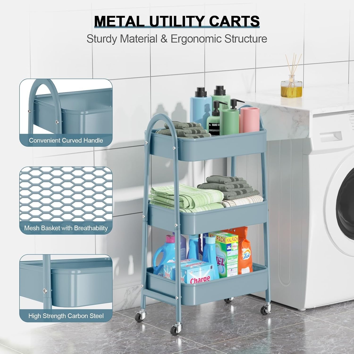 3 Tier Rolling Utility Cart Metal Storage Trolley Lockable Wheels