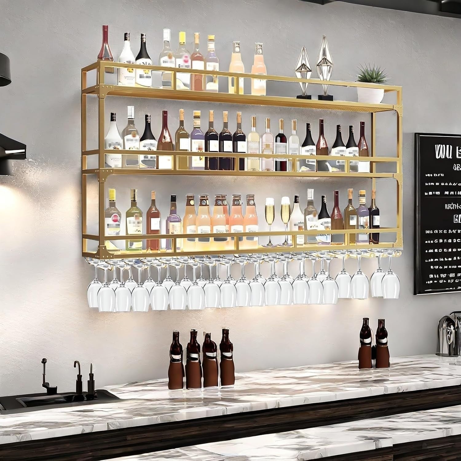 Wall Mounted Wine Rack With Glass Holder Bar Bottle Shelf Gold Metal 180x25x90cm