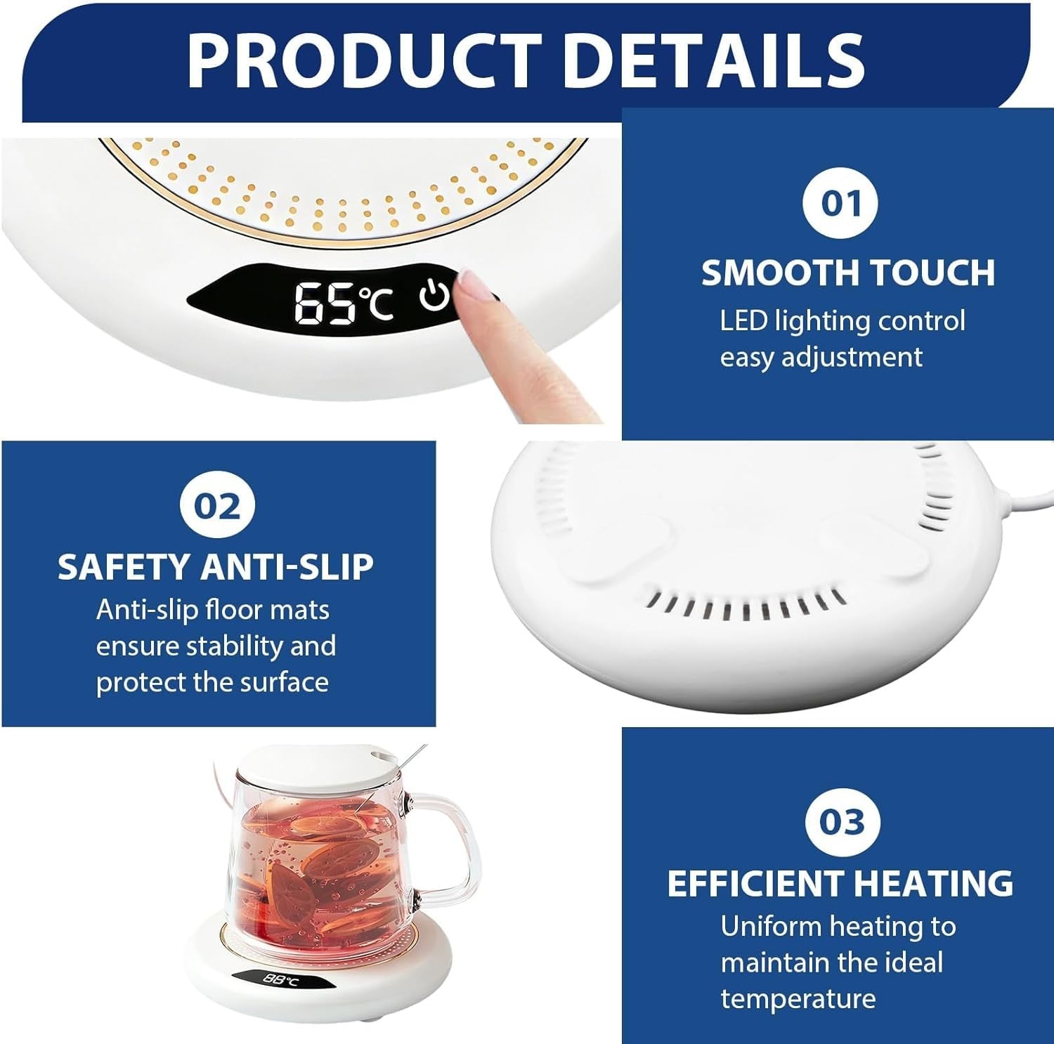 White USB Coffee Mug Warmer 3 Temp LED Desk Cup Heater