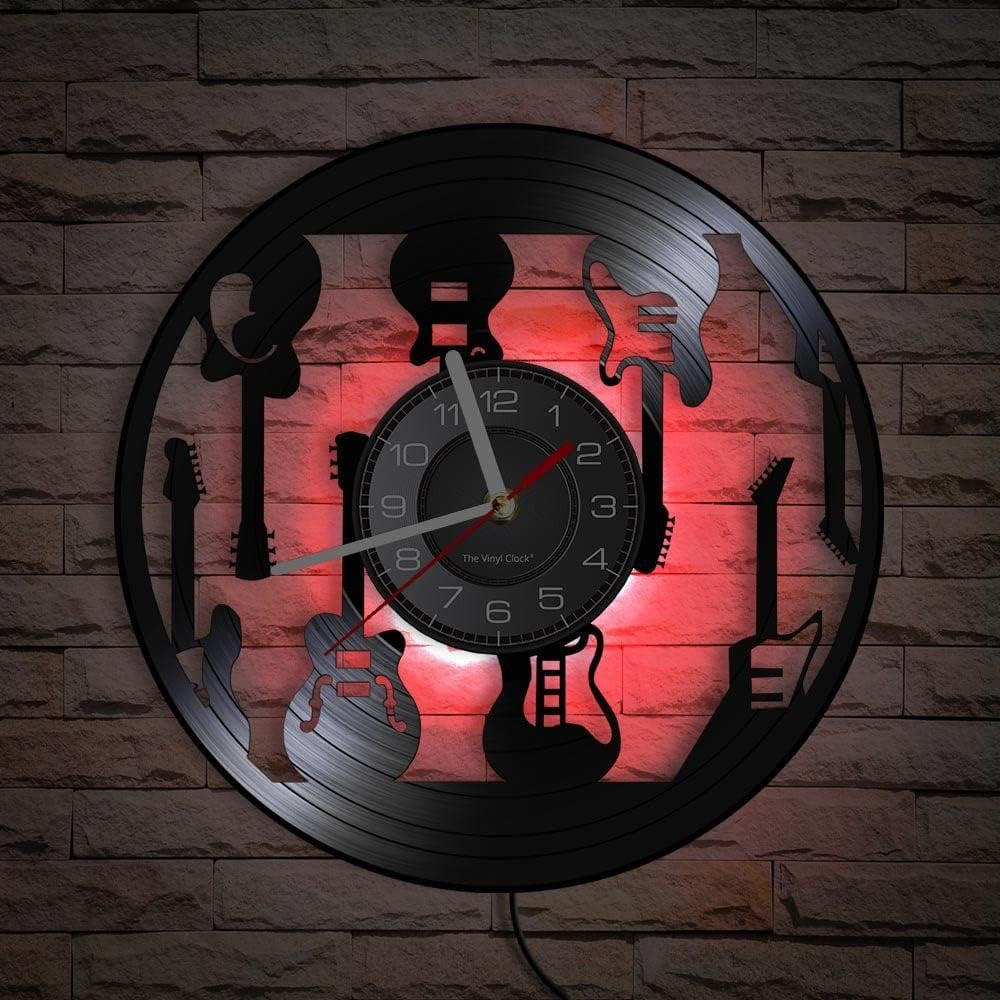 LED Guitar Pattern Vinyl Wall Clock Music Decor Silent 30cm Night Light Gift