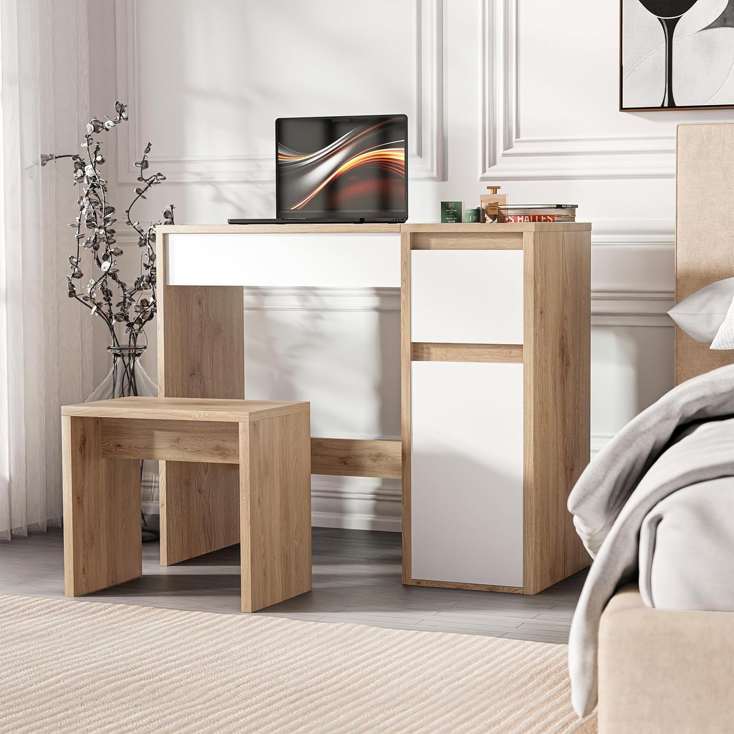 Makeup Vanity Desk with Flip-Up Mirror Storage Drawer Stool Oak/White