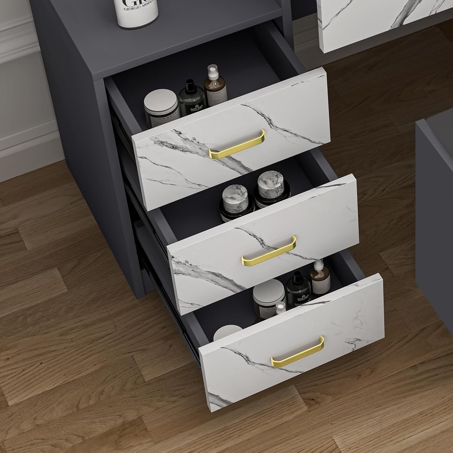 Corner Vanity Desk w/LED Mirror Lights 3 Drawers Cabinet Shelves Space Saver