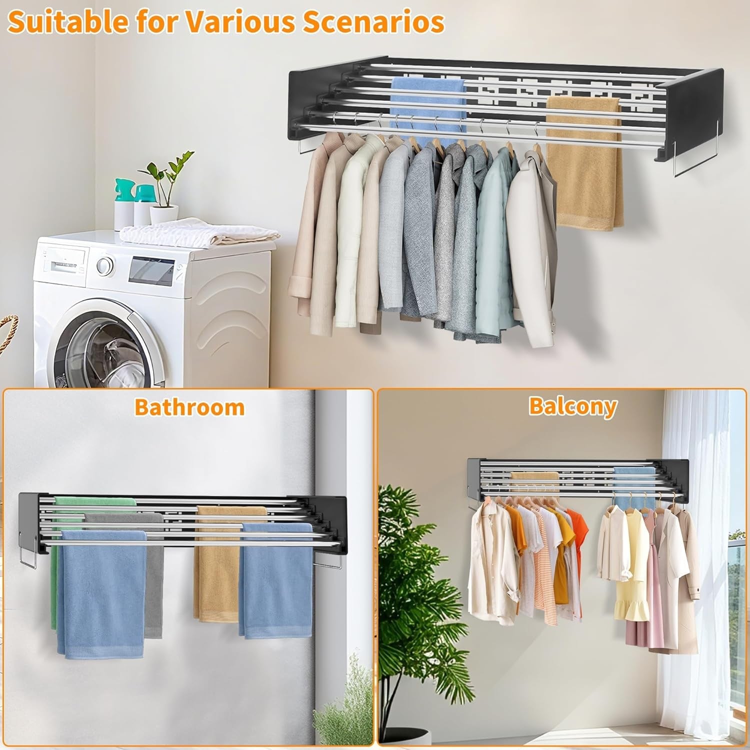 Wall Mounted Retractable Clothes Airer Folding Drying Space Saving
