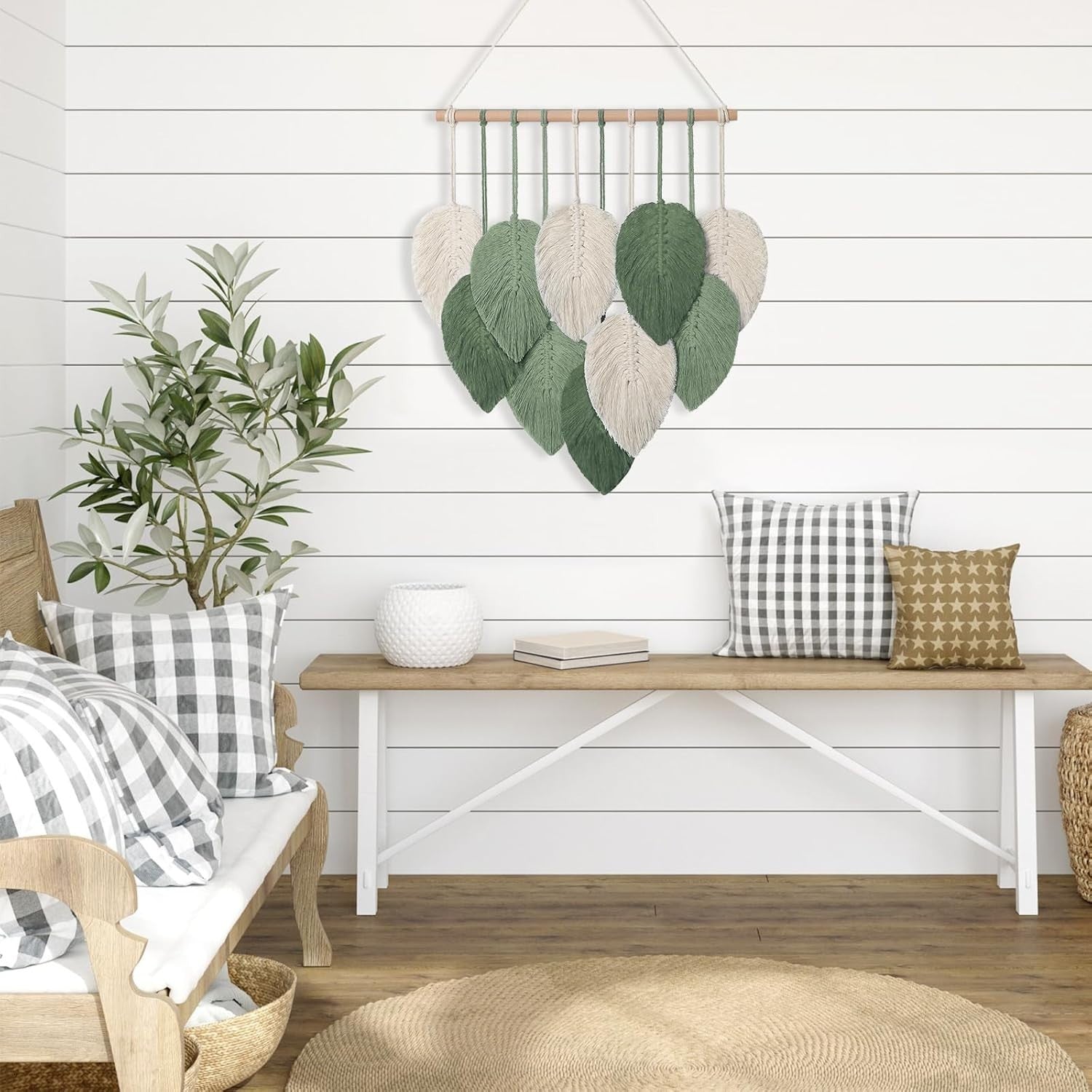 Small Macrame Wall Hanging Boho Leaf Woven Decor Green