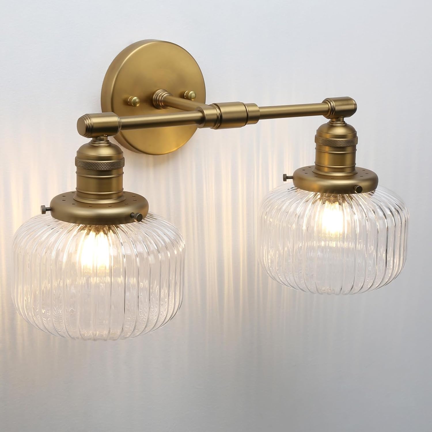 Industrial 2-Light Antique Brass Glass Wall Sconce | Vintage Bathroom Vanity Lig
