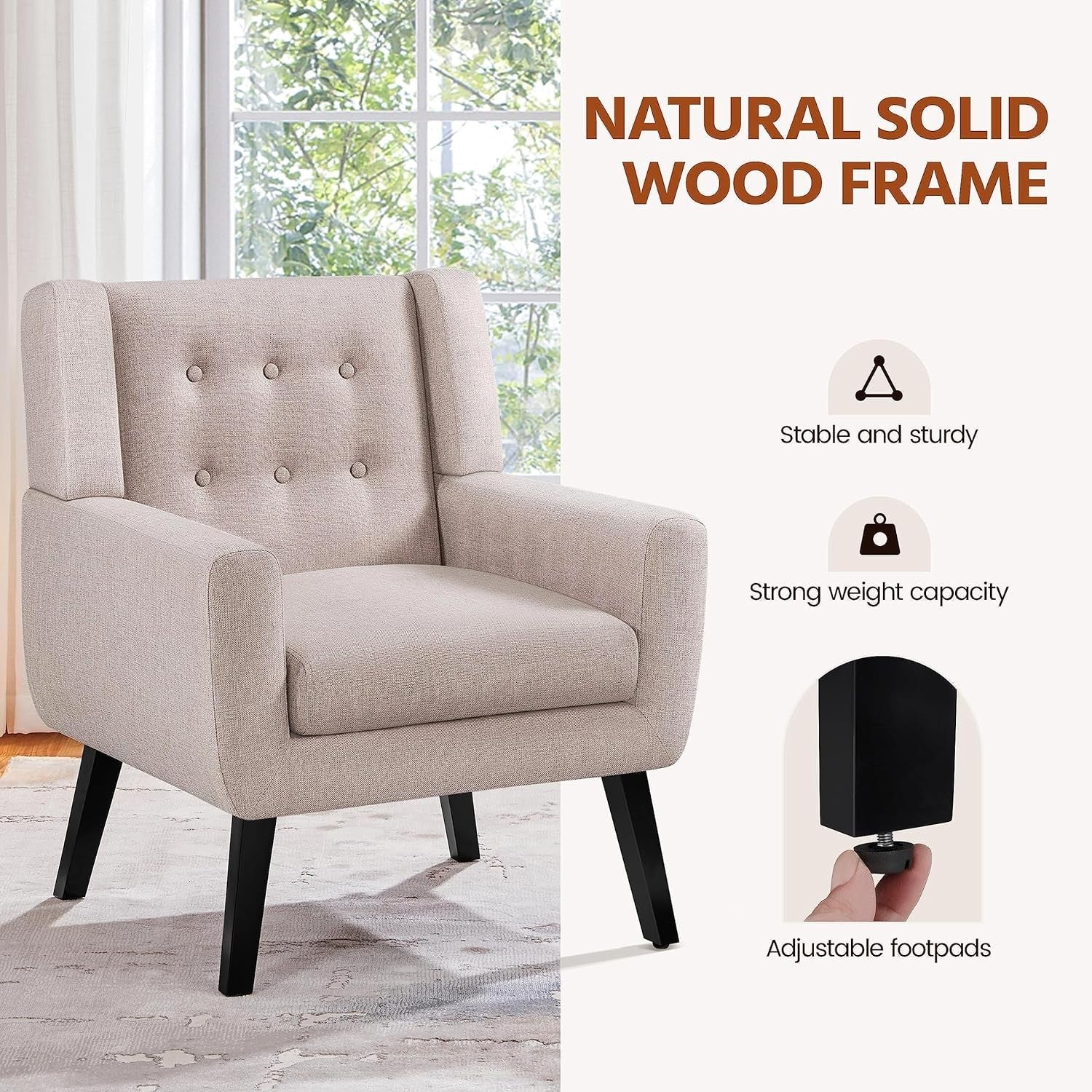 Modern Beige Linen Armchair, Button Tufted, Quilted Wing Back, Living Room