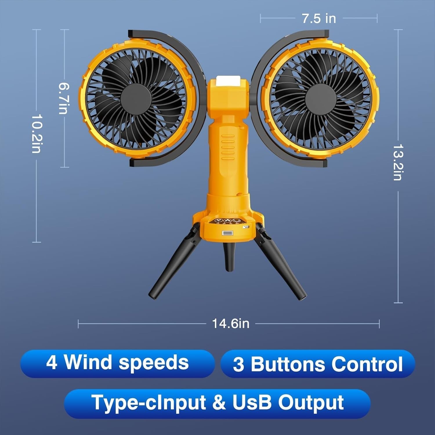 Yellow Camping Fan with LED Light – 4-Speed 360° Oscillating USB Rechargeable