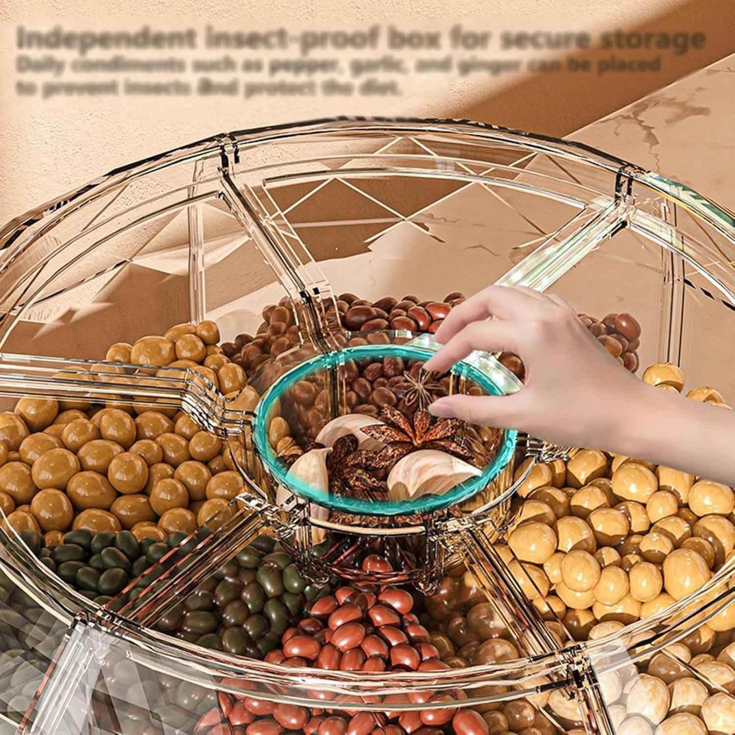 Round Rotating Grain Dispenser 6 Grid Dry Food Storage Jar Button Press