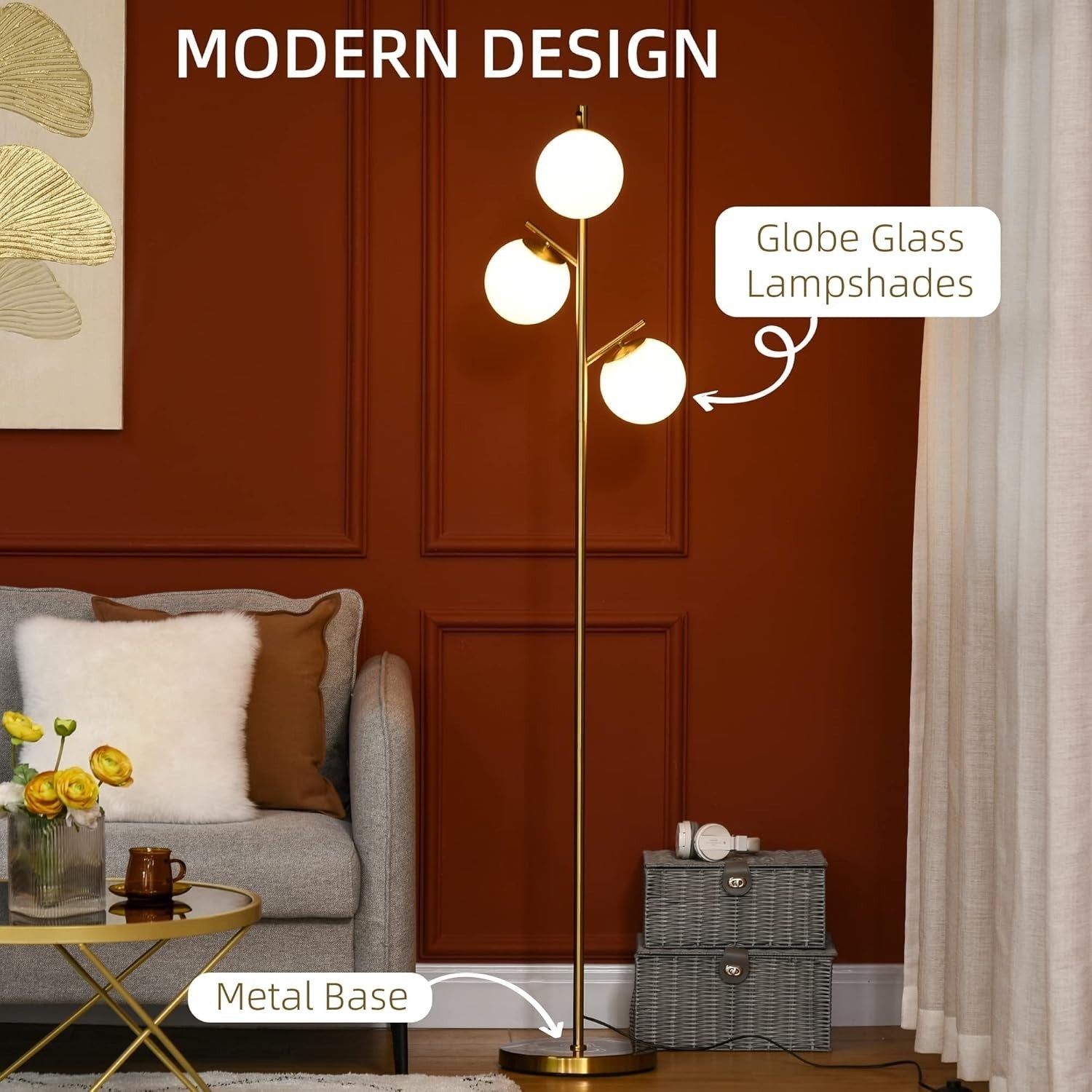 3-Light Tree Floor Lamp with Globe Shades & Adjustable 3 Color Temps