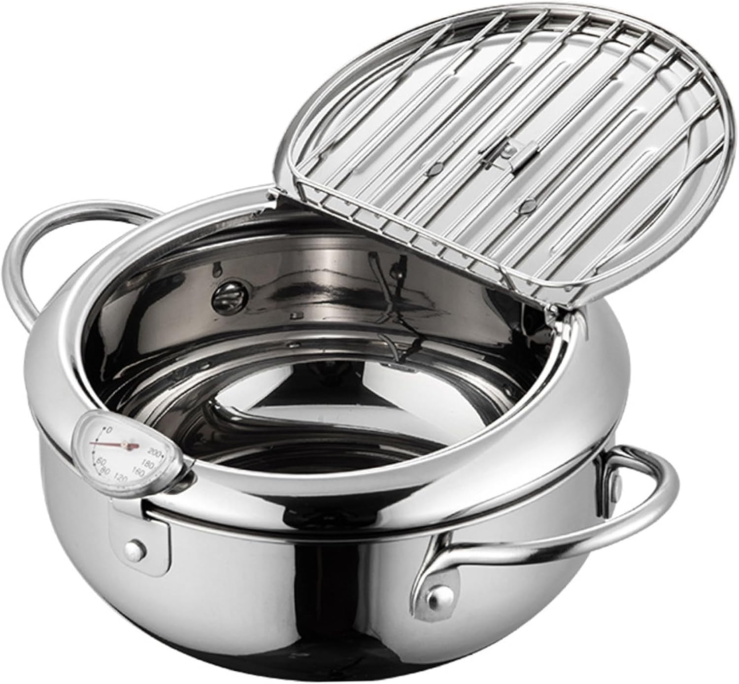 4.2L Japanese Tempura Frying Pot Stainless Steel w Thermometer Rack