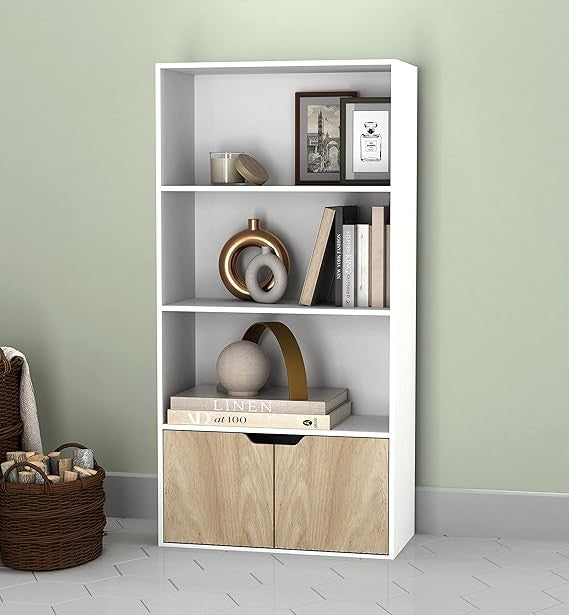 Modern White 4-Tier Wide Bookcase with Oak Door Cupboard – Shelf Storage Unit