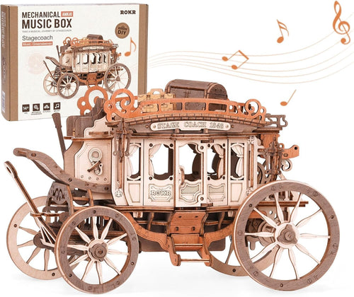 3D Wooden Stagecoach Puzzle Kit with Music Box – DIY Gift for Adults & Kids