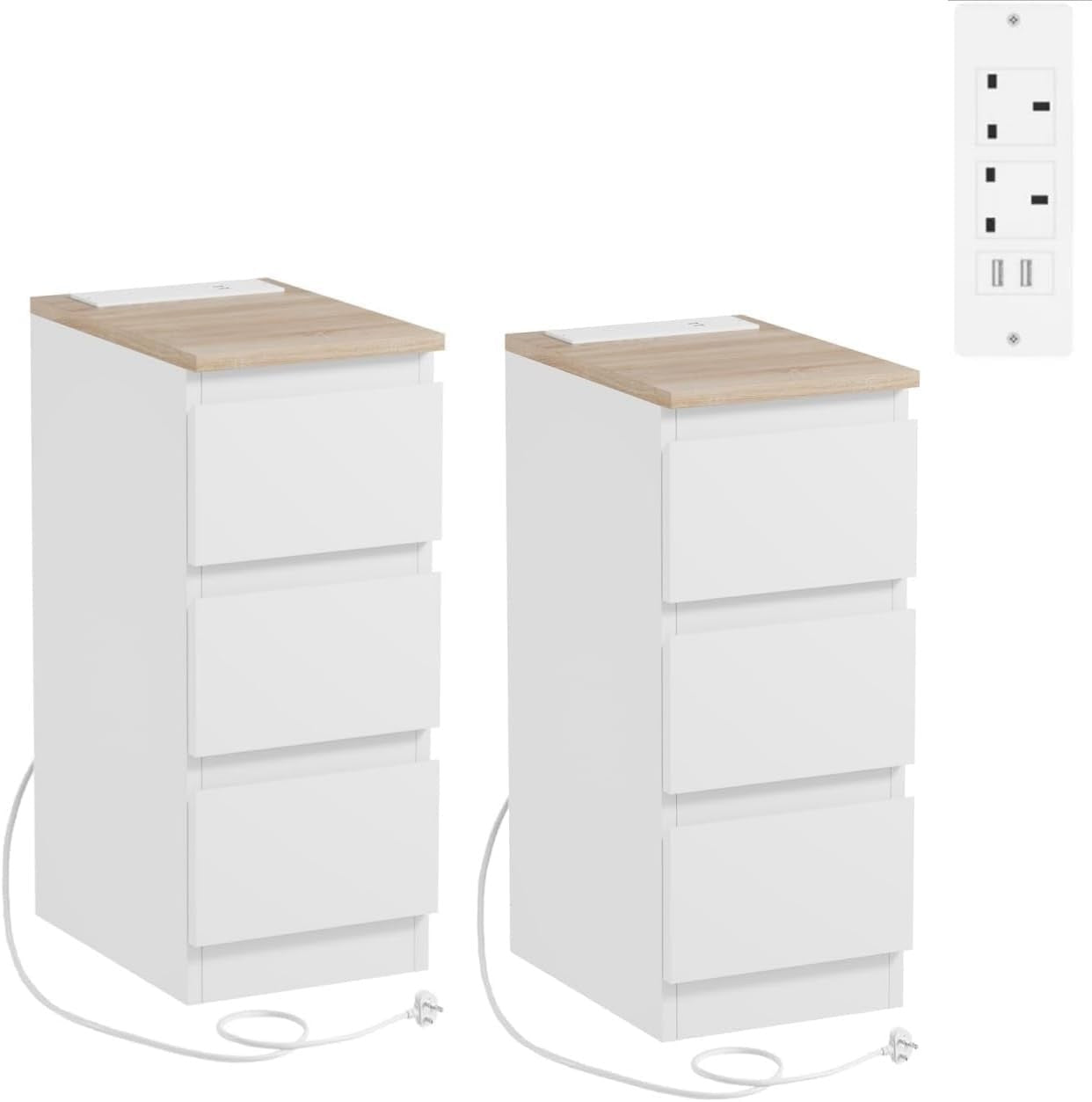 Set of 2 Slim Bedside Tables with Charging Station, 3 Drawers & USB Ports