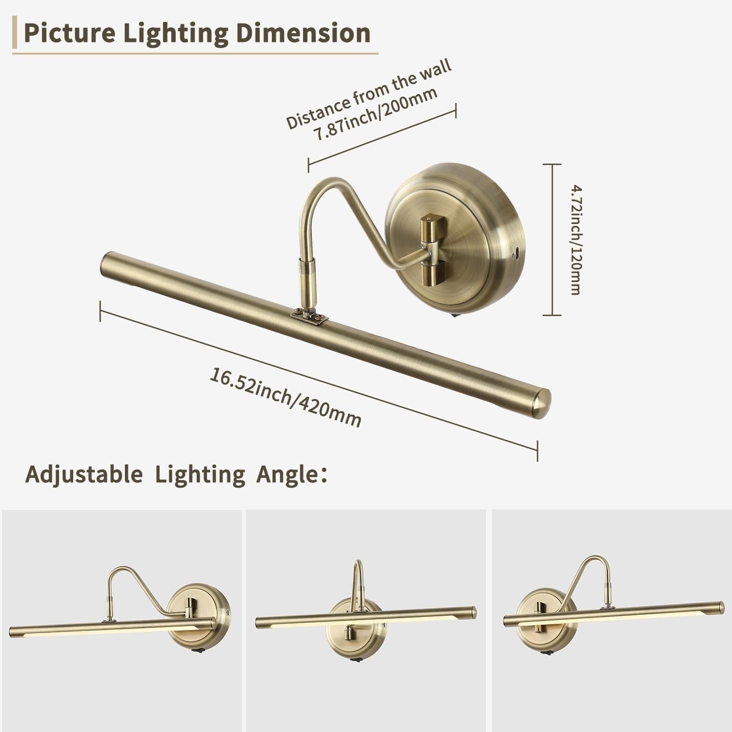 Wireless Antique Brass Wall Light with Adjustable Swing Arm, Dimmable 16.5"