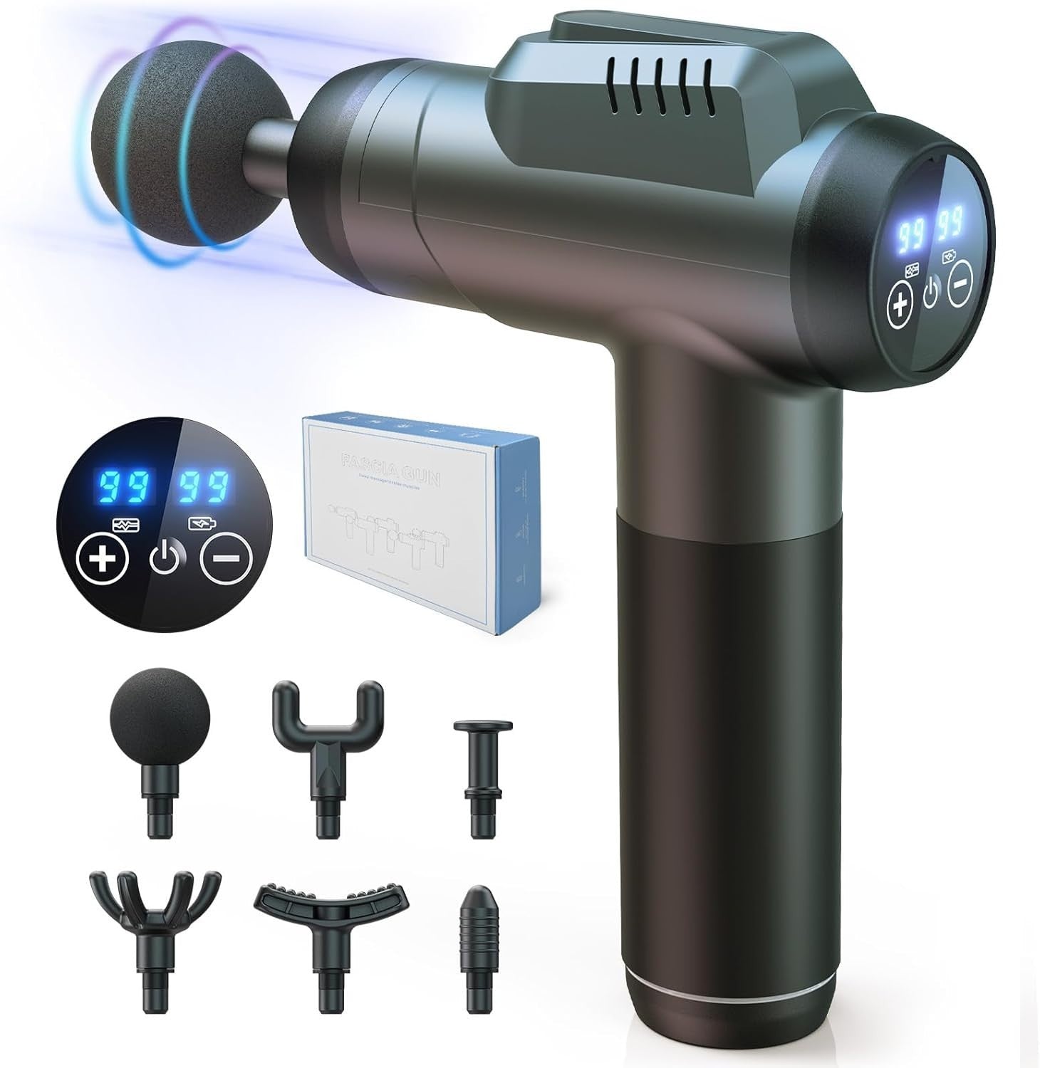 Massage Gun Deep Tissue Percussion 99 Speeds LCD Touch 6 Heads Portable