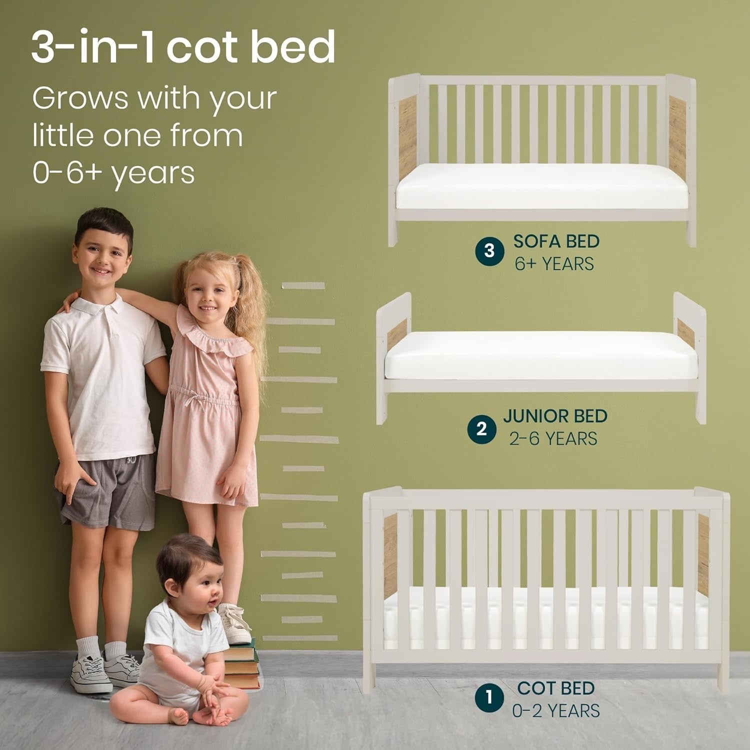 3in1 Baby Cot Bed Crib Toddler Day Bed Adjustable Wooden Convertible Oak
