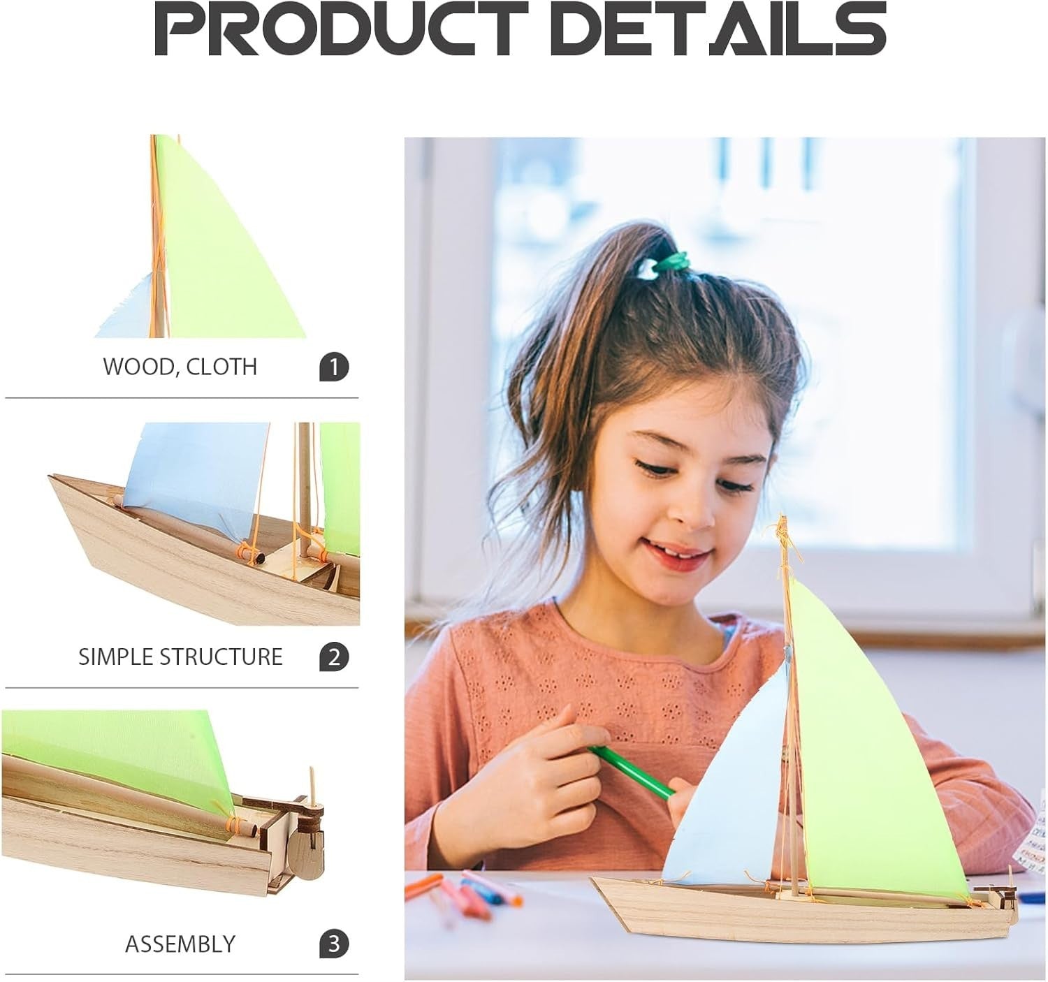 Wooden Sailing Boat Model Kit for Kids, DIY 3D Puzzle with Fabric Sails